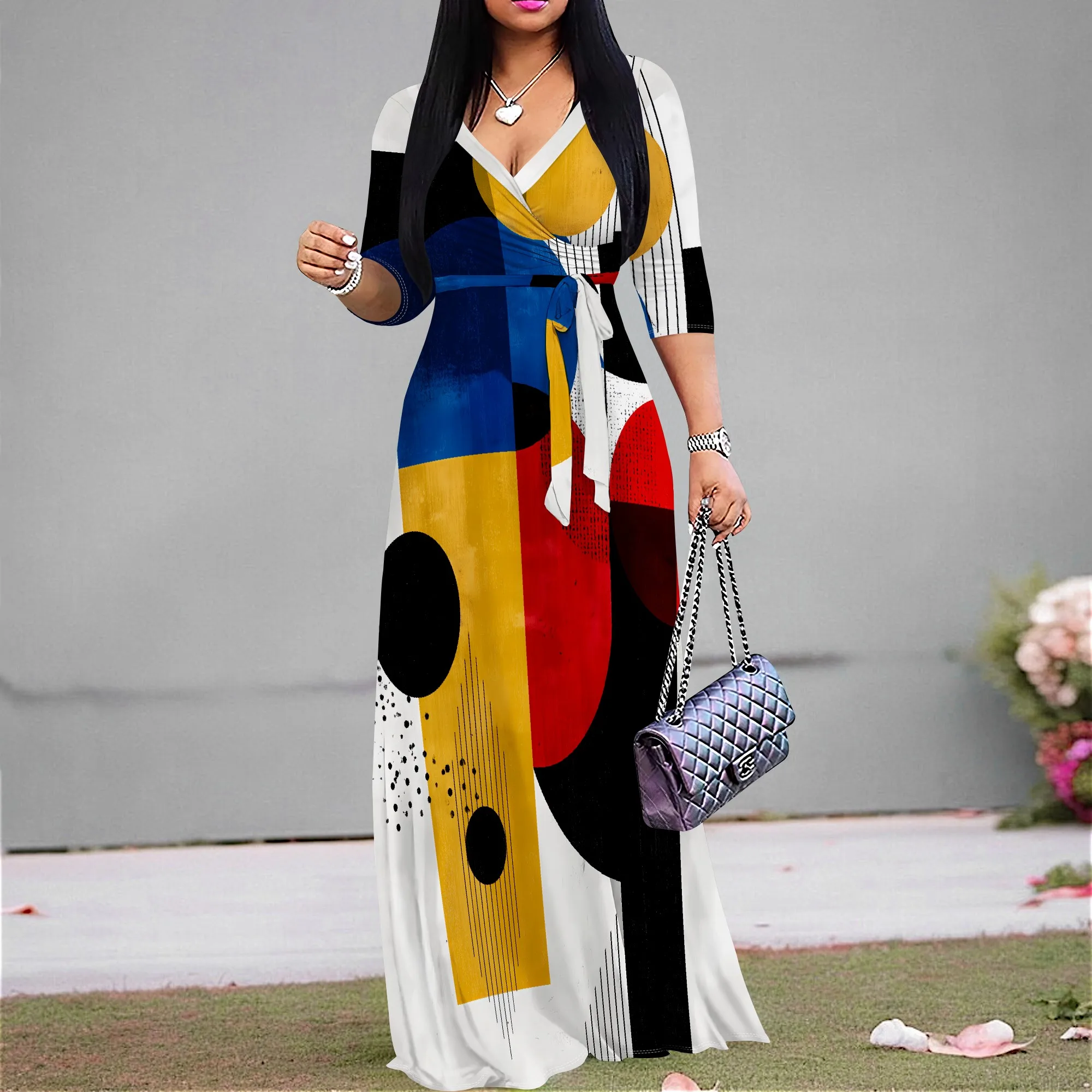

Bauhaus Geometric Maxi Dress S-3XL V-Neck Wrap Style with Belt & 3/4 Sleeves for Art Show, Museum or Cultural Event Look