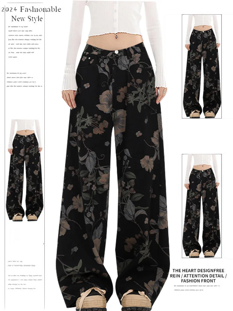 

High Waist Straight Leg Black Printed Denim Pants Women's Autumn New Design Loose Wide Leg Floor-Length Trousers