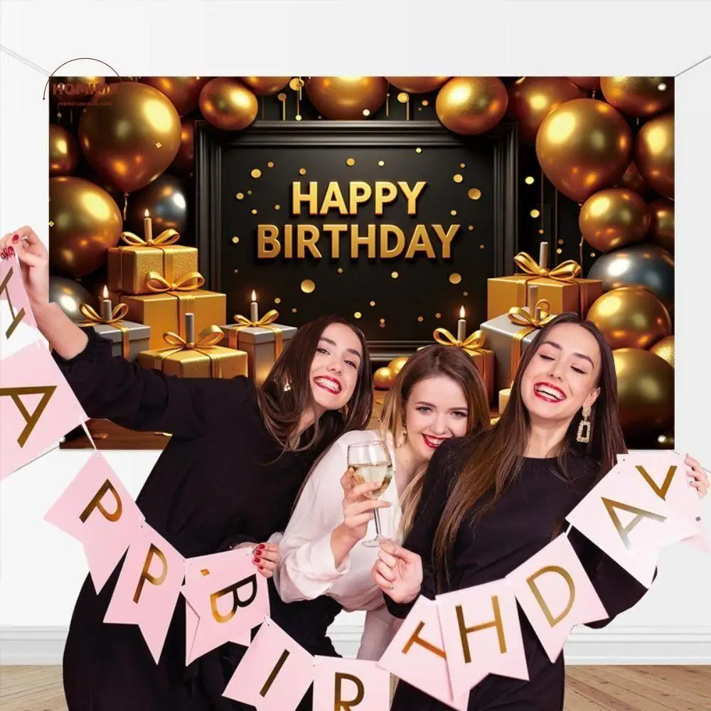 

Black Gold Birthday Party Background Polyester Balloon Flower Hanging Banner Poster Celebrate Photography Backdrops Adults Kids