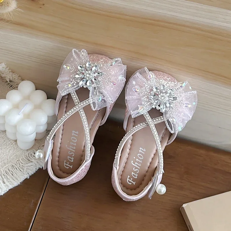 Little Girls Pink Glitter Formal Shoes, Sheer Organza Bow Crystal Cluster Pearl Buckle Flat Sandals Ideal Wedding Kids Footwear