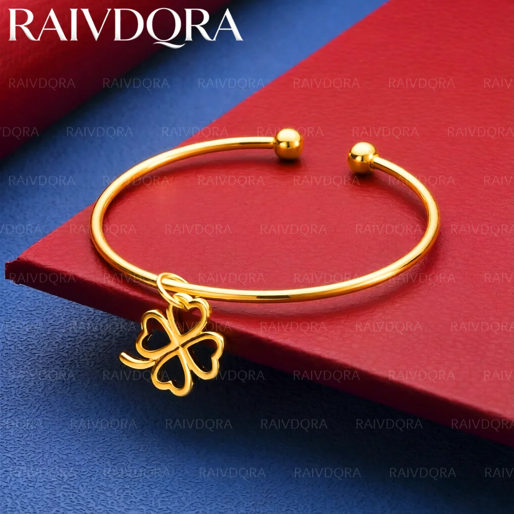 18K Gold Plated Bangle Brushed Four Leaf Clover Pendant Bracelet For Women Jewelry Fashion Party And Daily Wear