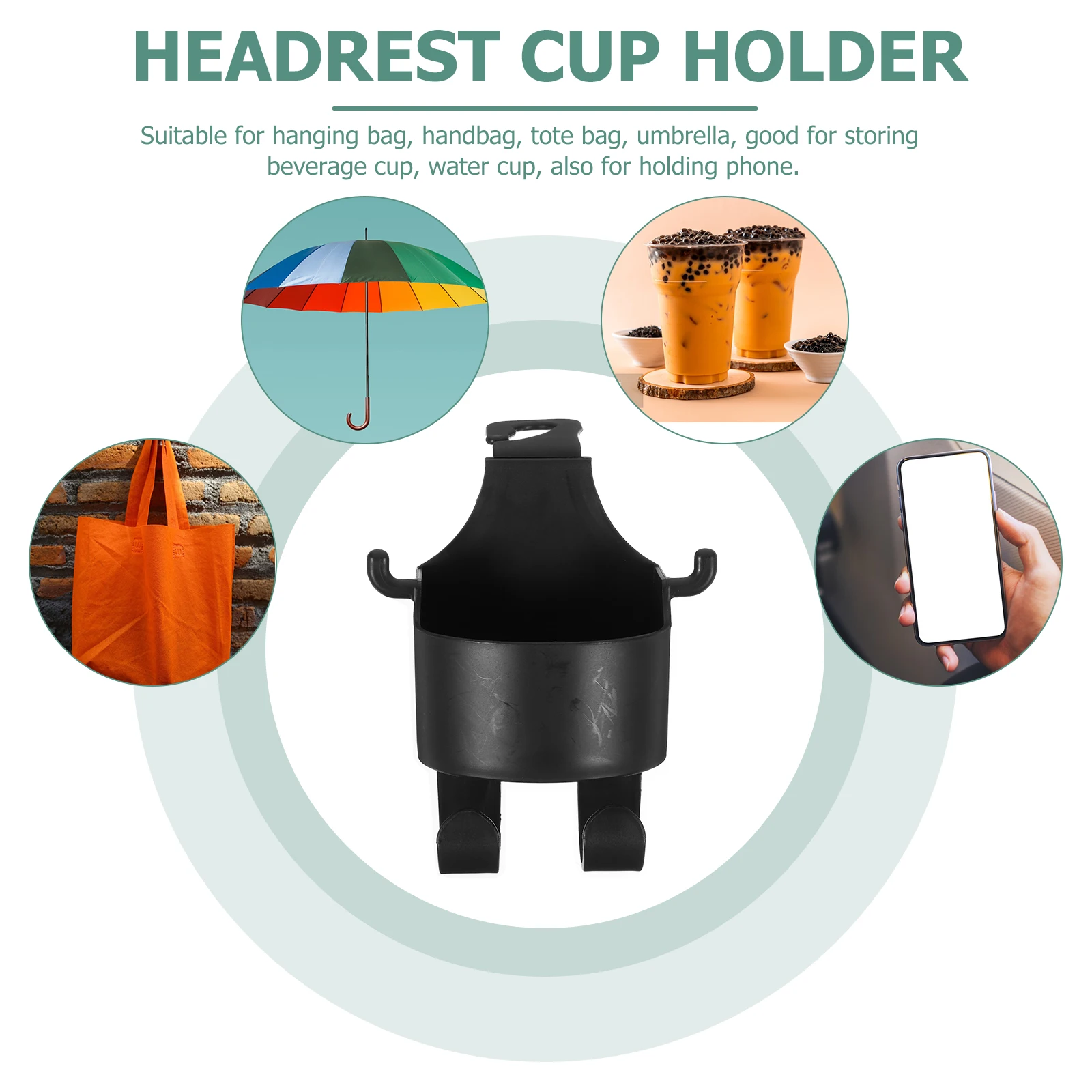 

Car Multipurpose Headrest Cup Holder for Back Seat Black Rear Water Storage Phone Stand Umbrella Bag Hanger Easy Install