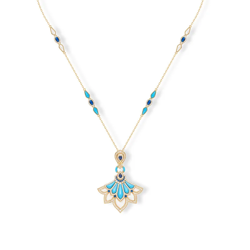 

Wholesale New Vintage Fan-Shaped Cubic Zirconia Pendant Necklace With Gold-Plated For Women Long Sweater Chain