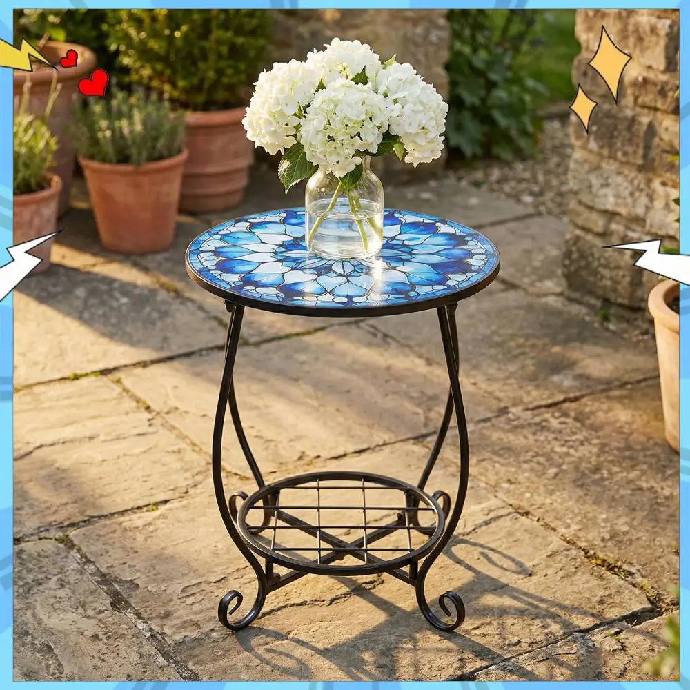 

14 Inch Metal Frame Small End Table Storage Shelf Round Metal End Table Bedside Plant Stand for Garden Patio Porch Living Room