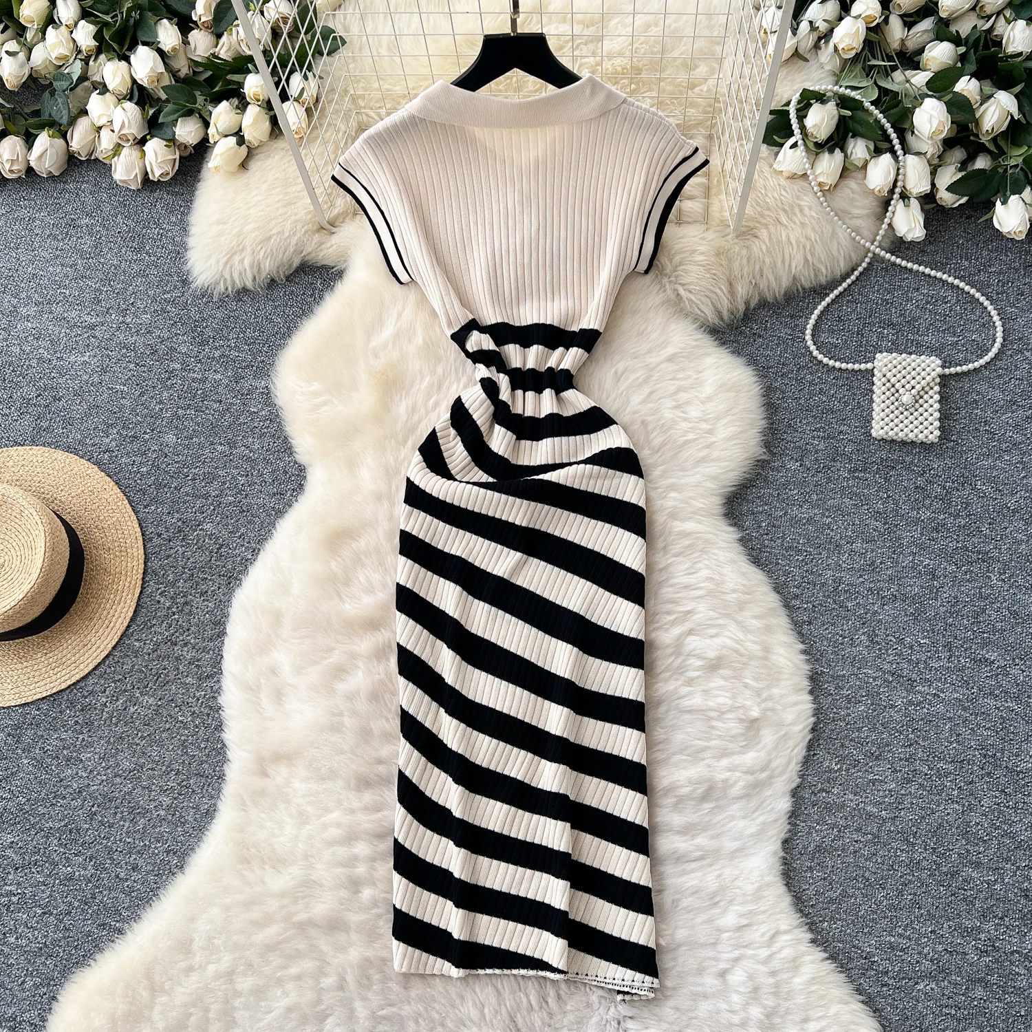 Chic vintage Polo-Neck Knit patchwork split slim Elegant Fairy korean fashion Boho Sundress women clothing dress