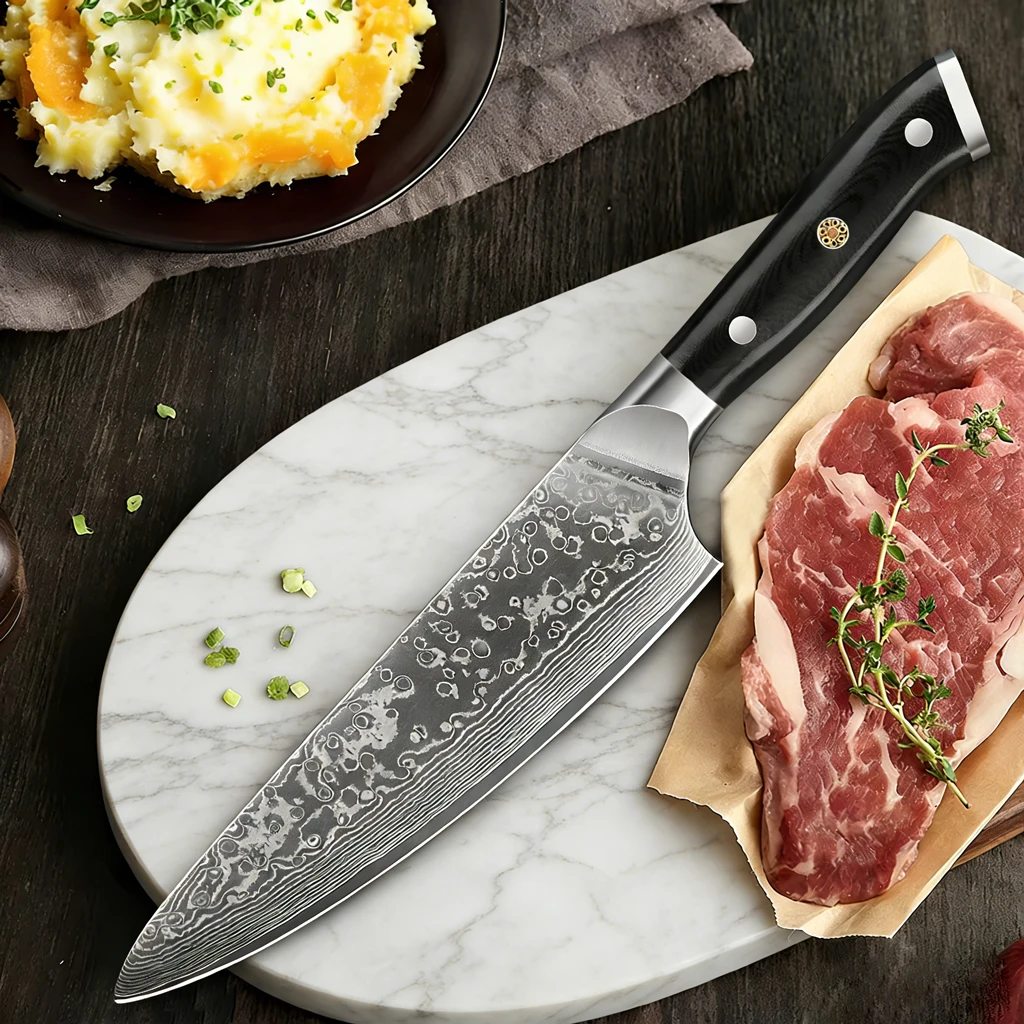 Faca de chef de cozinha de 8 polegadas, cuchillo de cocina japonês de 67 capas de acero damasco super afilado para carne y verduras com G10