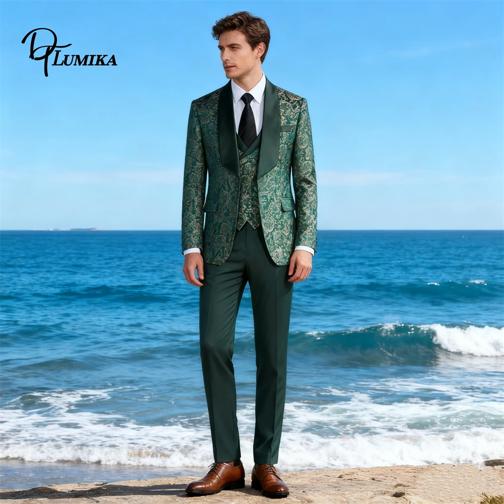 

DTLumika Jacquard Mens Suit Set 3 Pieces Formal Suit Jacket Pants Vest, Wedding Groom Suits Party Tuxedo Best Man Dresswear