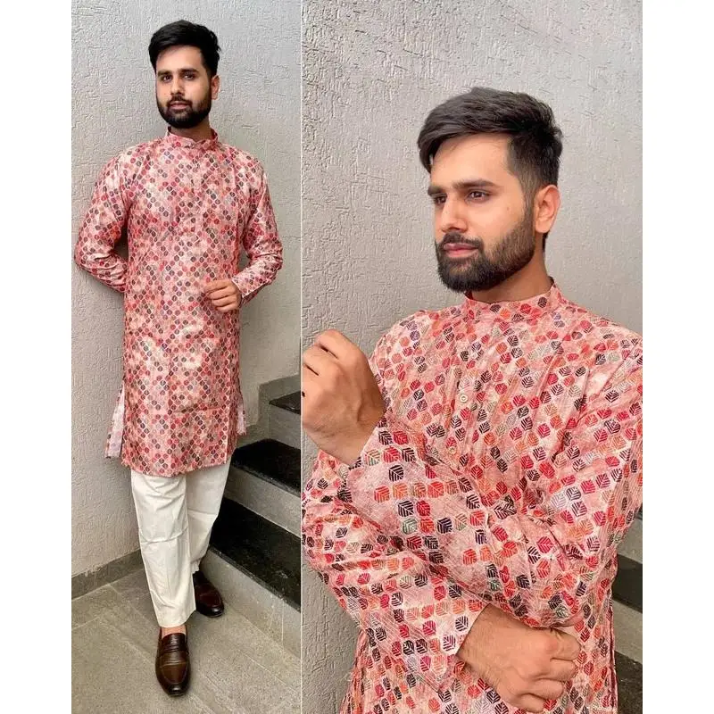 Luxury Casual Islamic Arabic Abaya Robe Fashion Ethnic Print Stand Collar Youth Mid-length Shirt Coat Muslim Men Clothing Kurta