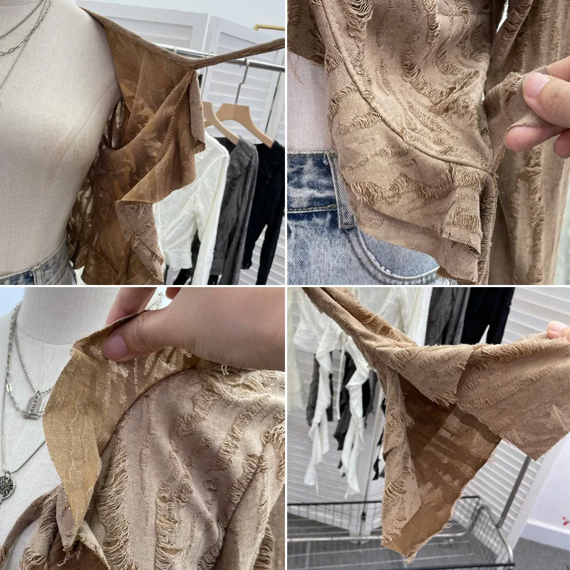 ISAROSE Wasteland Style Cardigan for Women Punk Spring Autumn Solid Color Flare Long Sleeves Front Lace-up Ruffle Ripped Tops