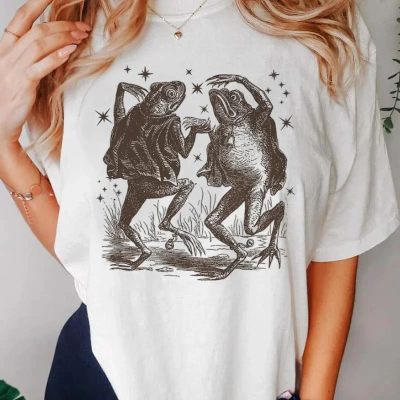 Harajuku retro 90s feminino simples estilo casual camiseta de manga curta impressa camiseta moda feminina sapo padrão camiseta