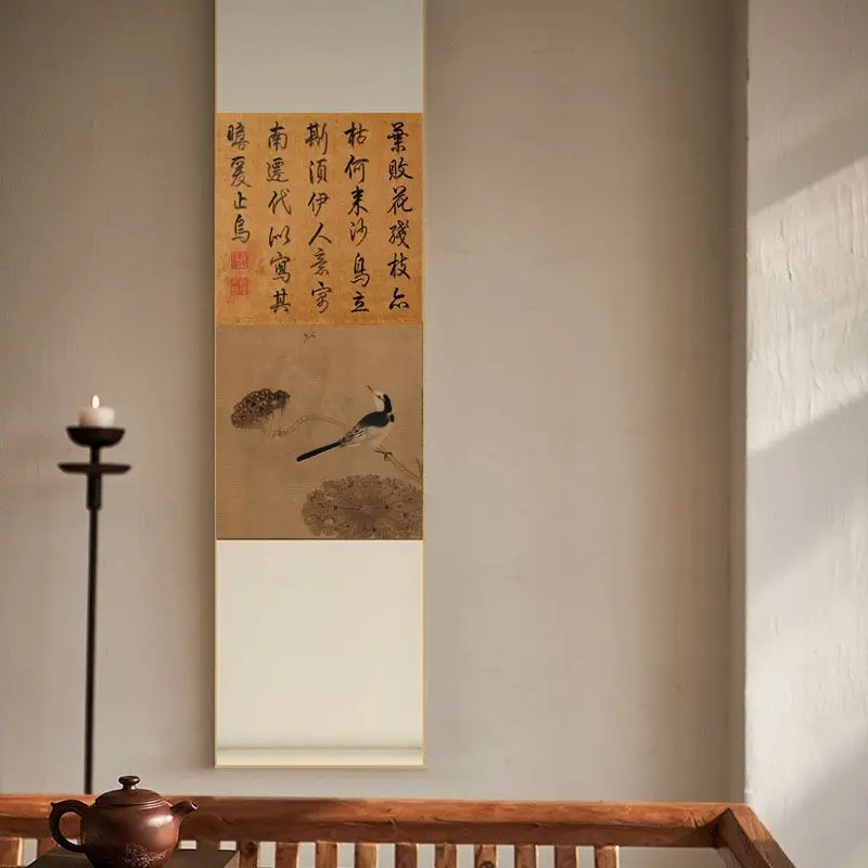Chinese Vintage Scroll Art Print, Landscape Flower‑Bird Insect‑Fish Hanging Painting for Living Room Tea Room Wall Decor