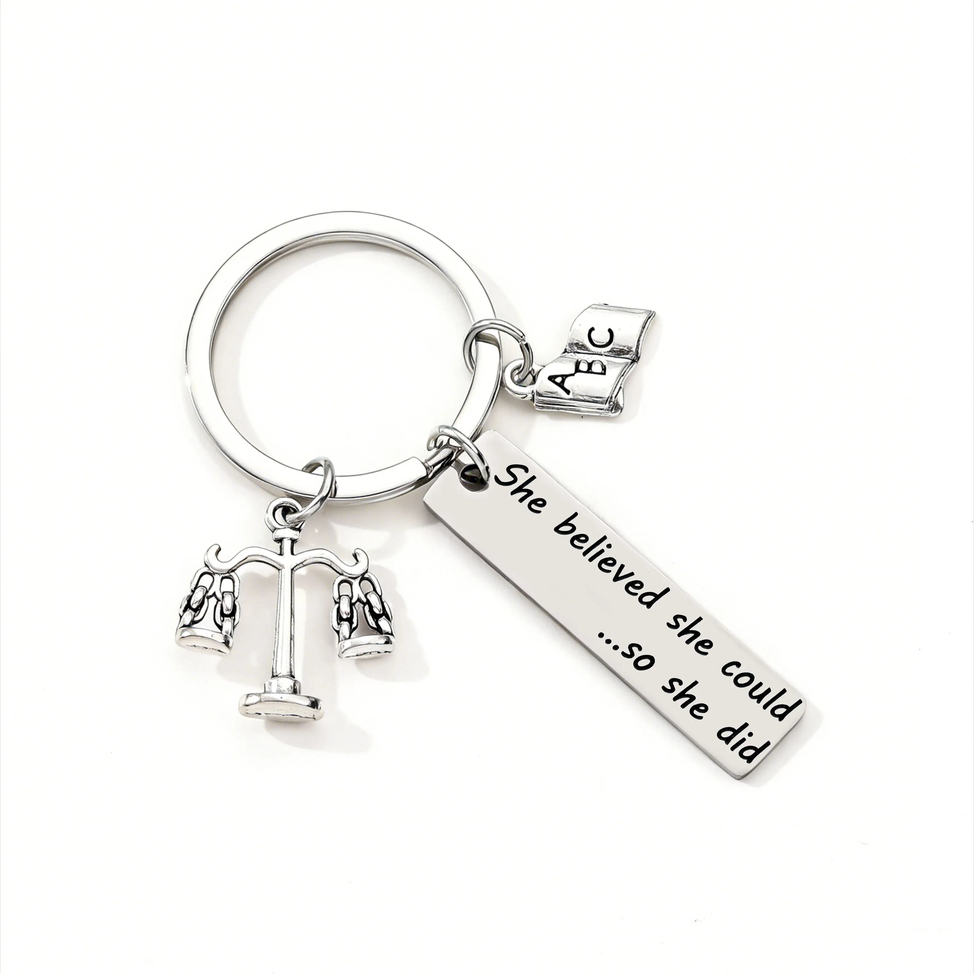 1pc Inspirational Scales of Justice ABC Book Engraved Stainless Steel Alloy Keychain Bag Charms Key Ring for Lawyer Gift