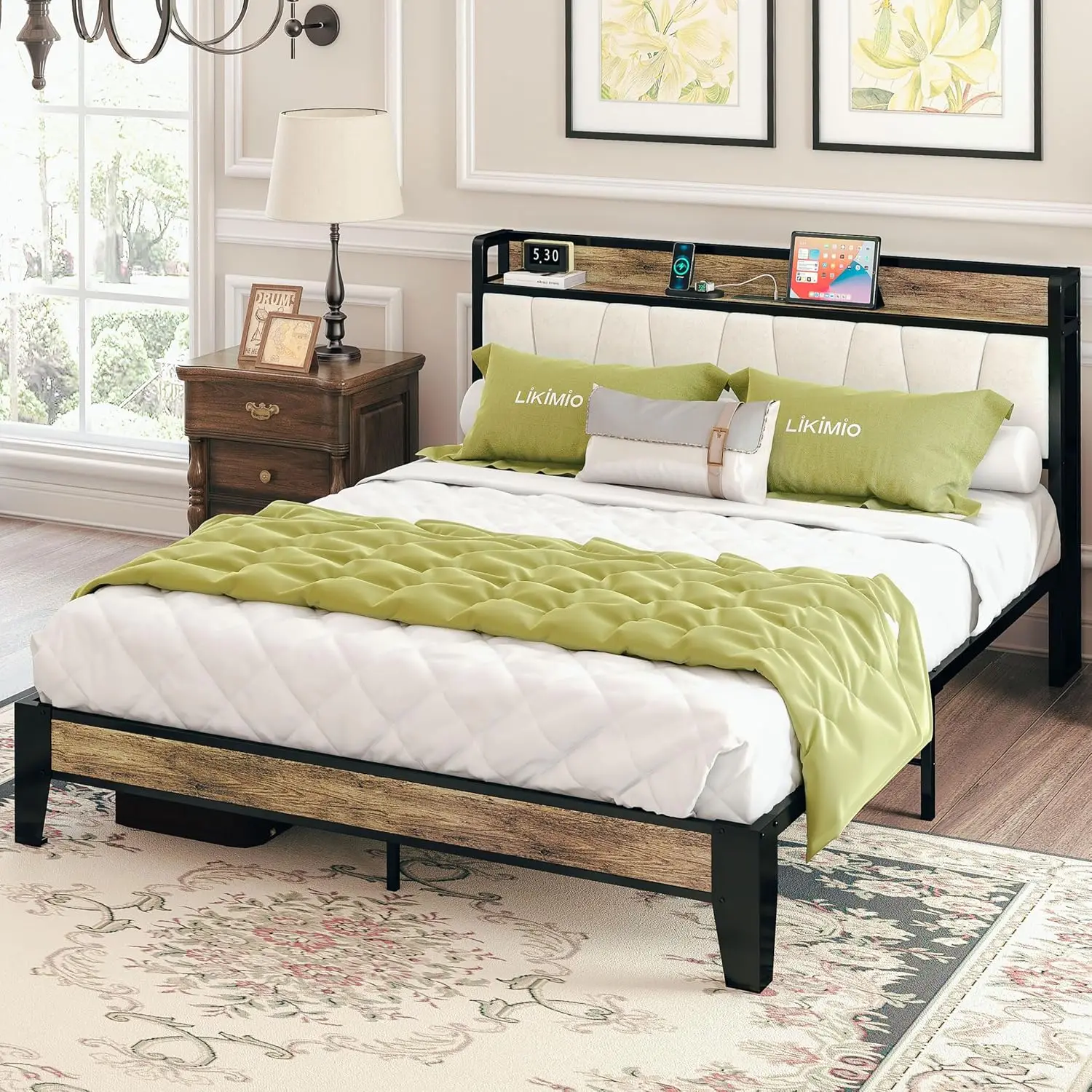 

Full Size Bed Frame, Storage Headboard with Charging Station, Solid and Stable, Noise Free, No Box Spring Needed, Easy Assembly