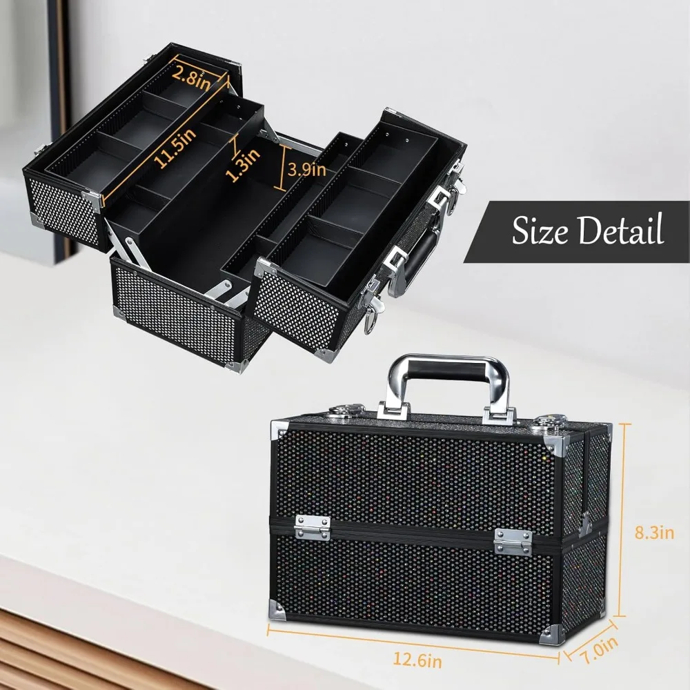 Large Professional Makeup Train Case with 4 Trays, Lock & Adjustable Compartments for Cosmetics Storage