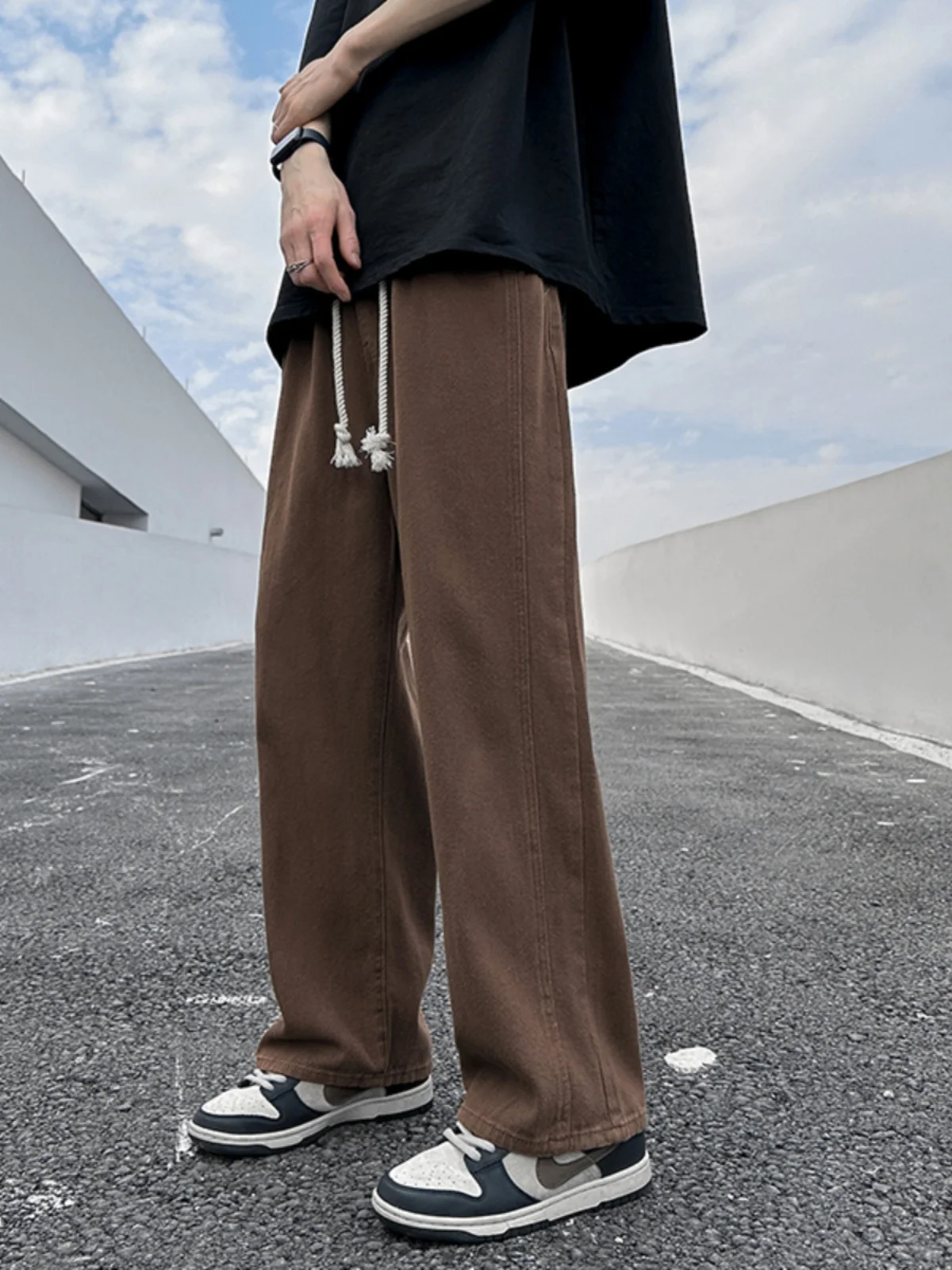 

Retro Dstring Denim Jeans Men's American High Street Trend Straight Leg Loose Large Size Brown Wide Leg Pants