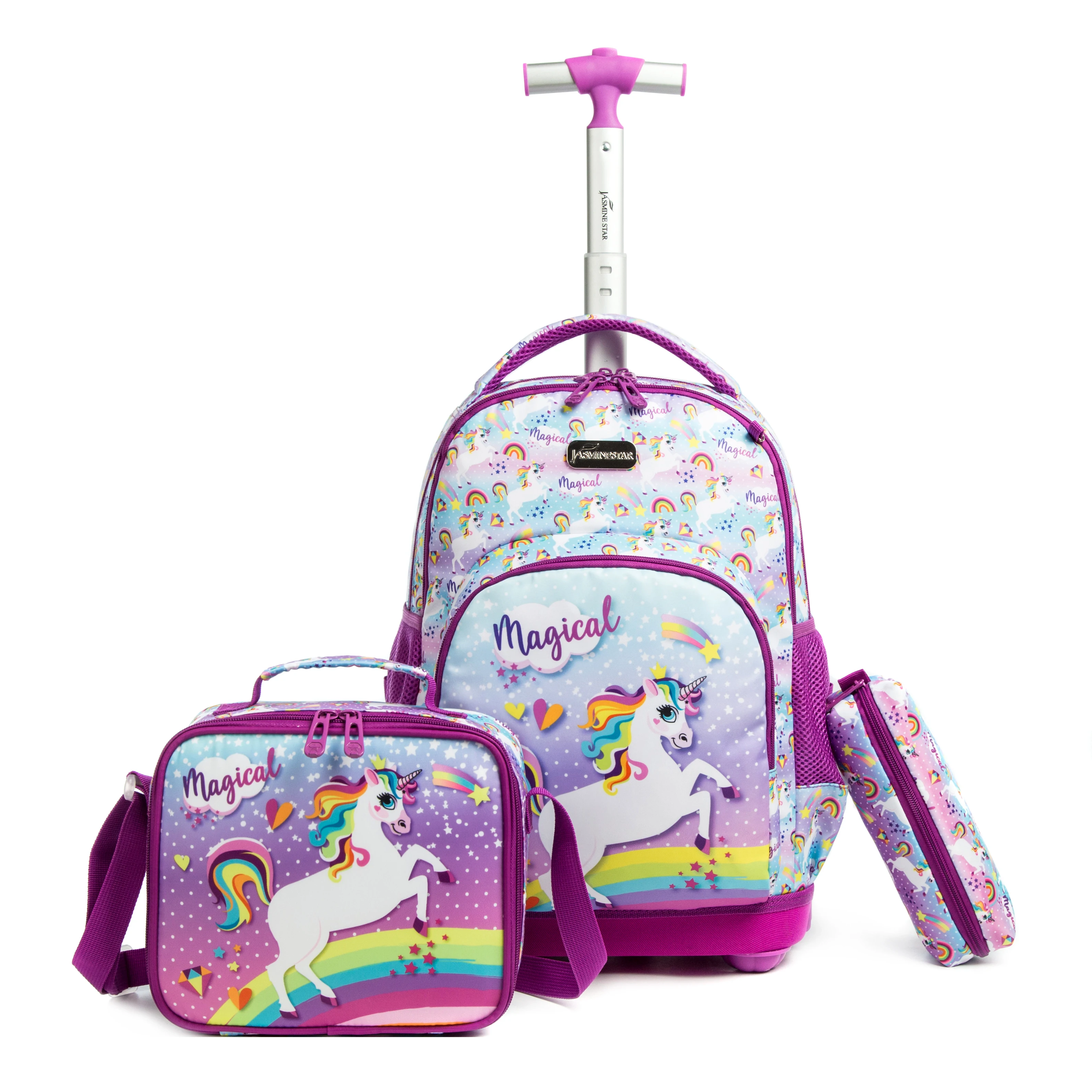 School Rolling Backpack Set para meninas, Lunch Bag, Trolley Bag, Laptop Bag, Mochila de rodas, Rodas