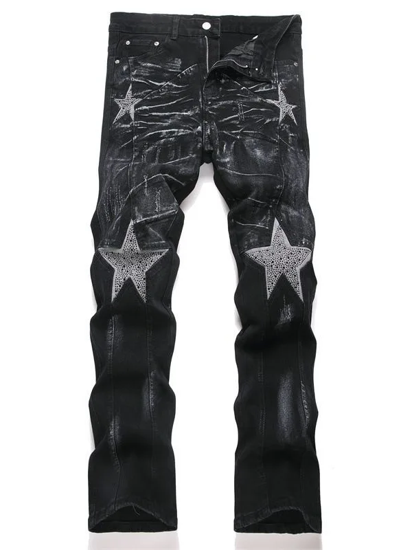 

Мужские джинсы ng Concert из денима в американском стиле High Street с пятиконечной звездой из страз, модные, с высокой талией, расклешенные