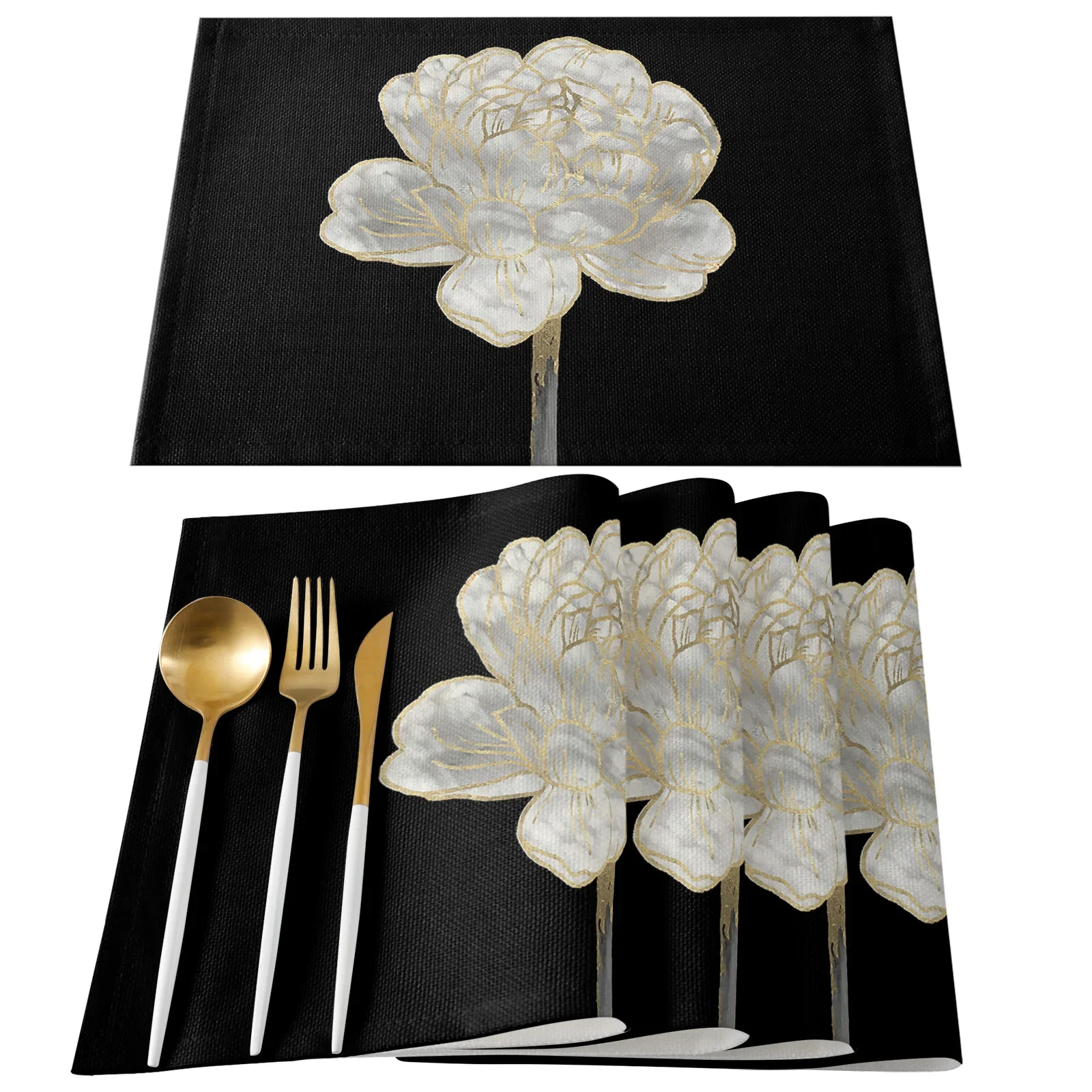 Black White Flower Abstract Kitchen Dining Table Decor Accessories 4/6pcs Placemat Heat Resistant Linen Tableware Pads Mats