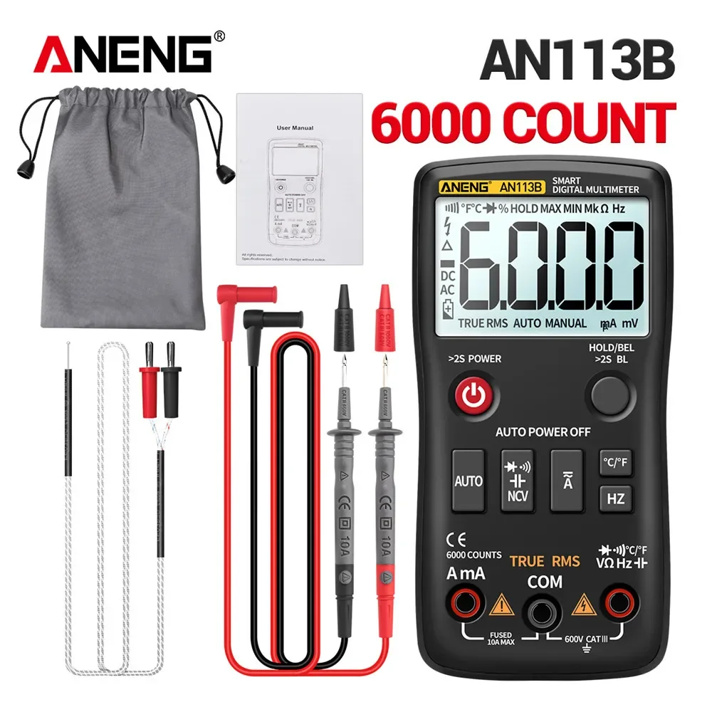 ANENG AN113B Digital Multimeter True RMS with Temperature Tester 6000 Counts Auto-Ranging AC/DC Transistor Voltage Meter