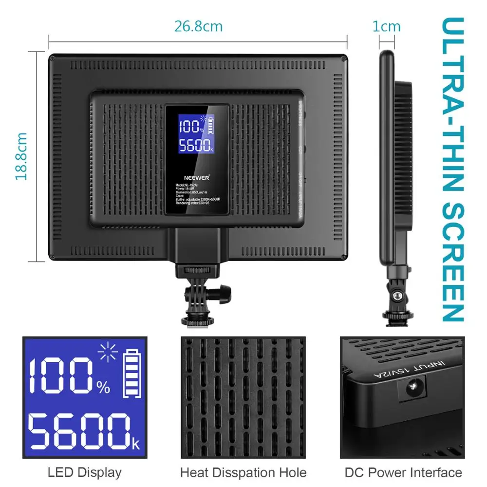 NEEWER 192 LED Video Light Panel 19.5W Bi Color DSLR Camera Soft Light with 4000mAh Battery for Photography Live Streaming