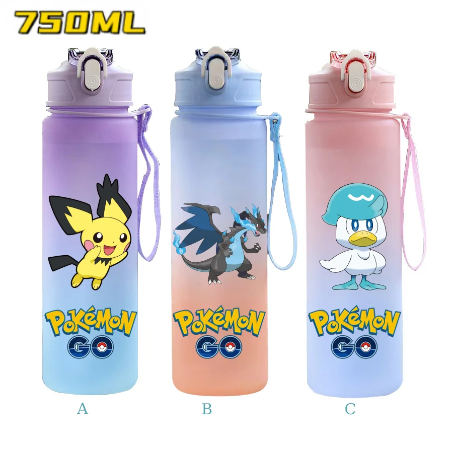 

750ML Pokemon Gradient Color Plastic Drinking Bottle Water Bottle Hiking Outdoor Large Capacit Portable Drink Bottles Cup