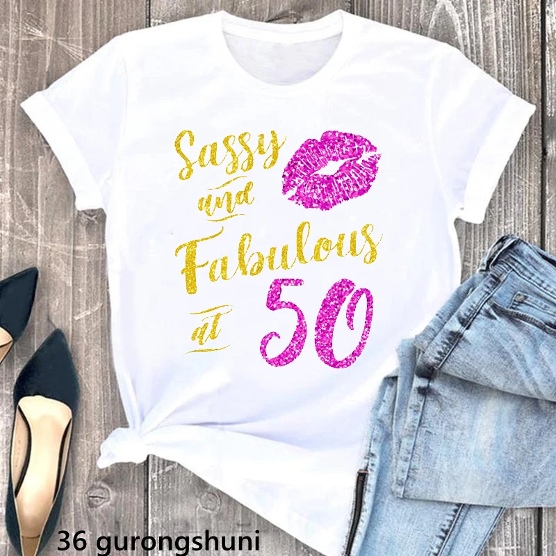 

Women Makeup Lips Golden Glitte Sassy And Fabulous At 35th-50th Graphic Print Tshirts T Shirt Femme Birthday Gift T-Shirt Female