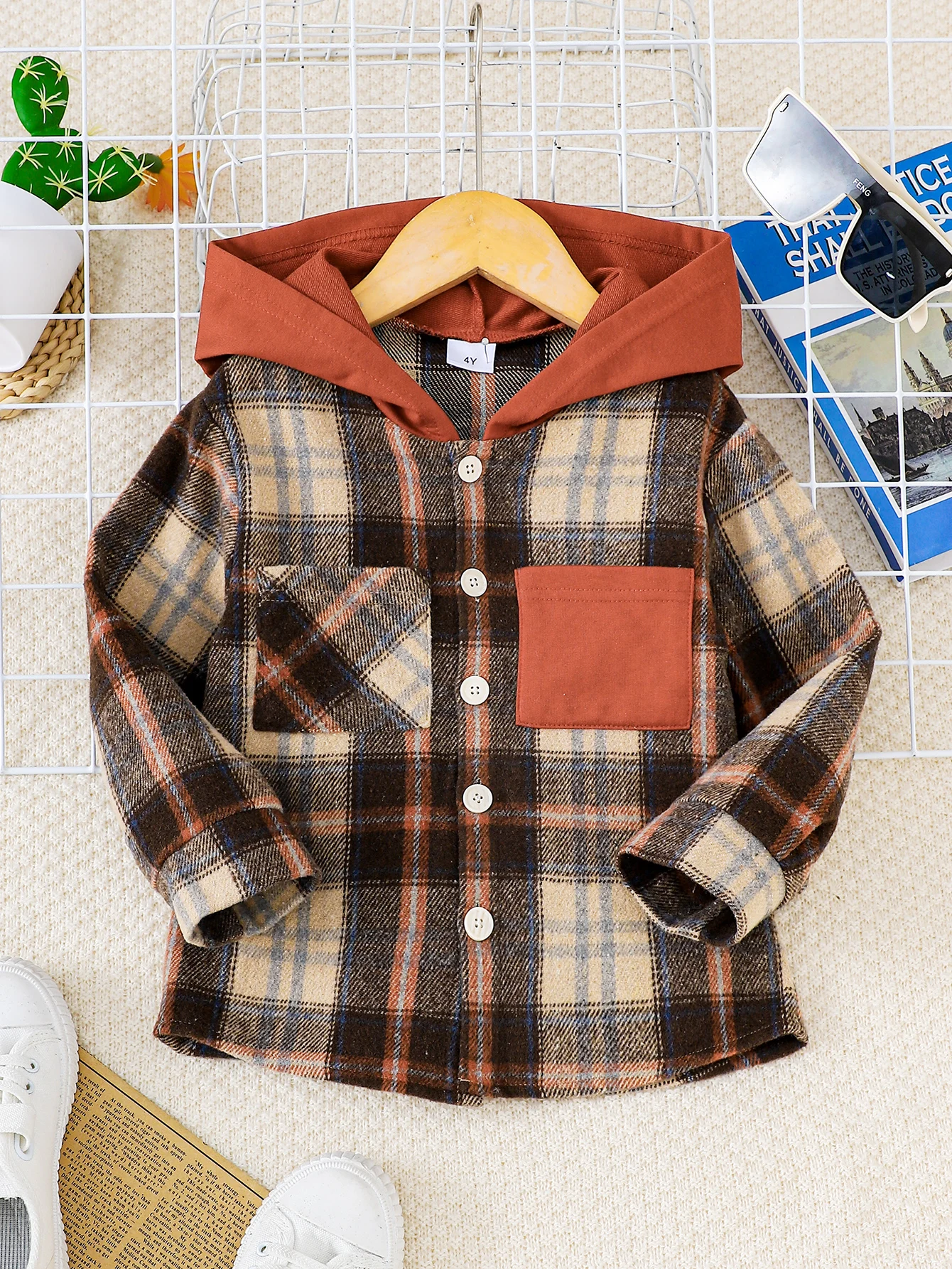 2024 autumn new Korean version children's checkered patchwork hooded long sleeved jacket
