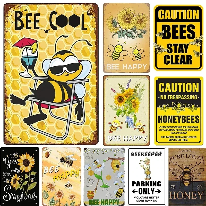 Bee Happy Metal Tin Sign The Sunshine Honeybee Beekeeper Slogans Retro Vintage Plate Decoration Wall Hanging Decoration Poster