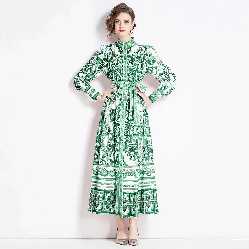 Autumn Holiday Print Yellow Floral Maxi Dress Women\'s Single Breasted Loose Lace Belt Red Blue White Porcelain Long Robe Vestido