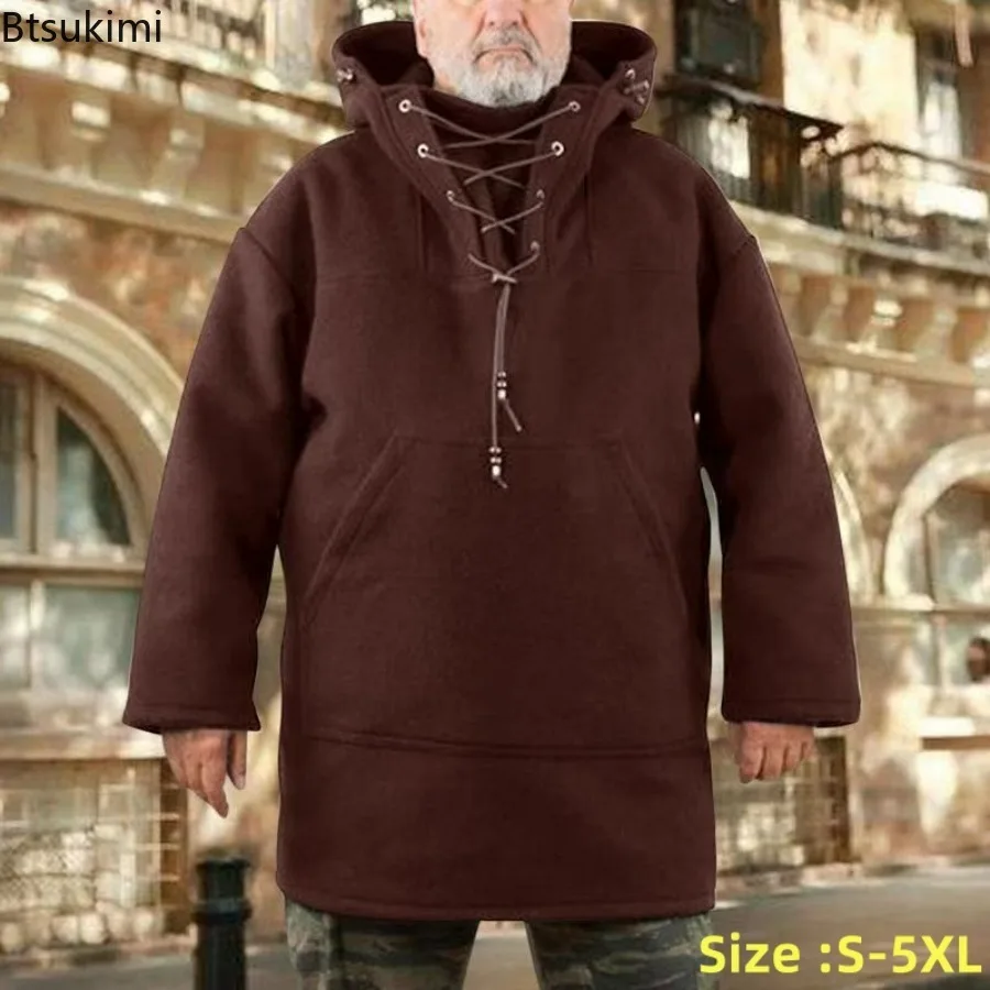 New2024 Men's Casual Hoodies Sweatshirts Coat Autumn Winter Thick Warm Oversized Hoodies Men Clothing Mid Length Woolen Sweater