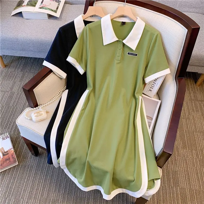 

Spring and Summer Classic Black and White / Green and White Women's Plus Size Fashion Polo Collar Short Sleeve A-Line Mini Dress
