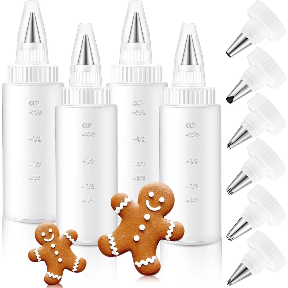 4 Pcs Plastic Squeeze Bottles with 6 Different Piping Tips for Cookie Icing Piping Kit Pancake Decorating Supplies (4 oz)