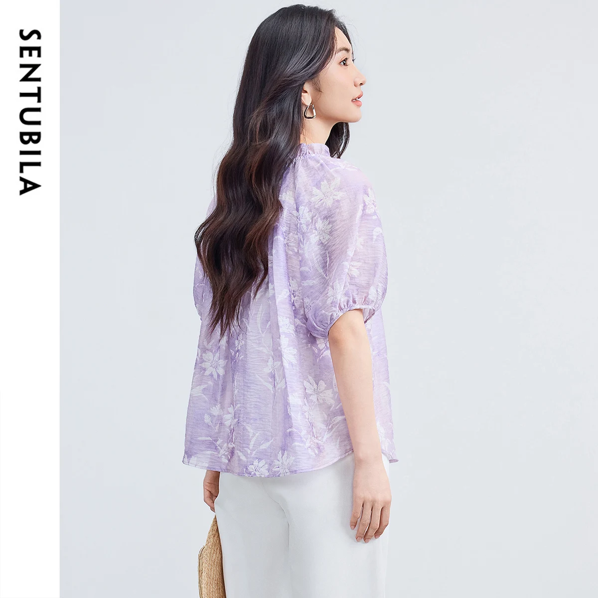 SENTUBILA Women's Chiffon Blouse Ruffles Shirts Bubble Short Sleeve Shirt Summer Print Blouses 2025 Collection Clothes 152V80125