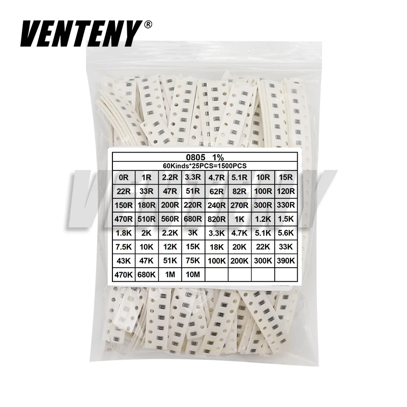 0603 0805 1206 SMD Resistor Kit Assorted Kit 1ohm-10M ohm 1% 60valuesX 25pcs=1500pcs Sample Bag