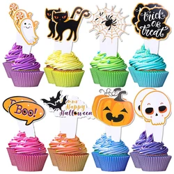 16/48pcs Halloween Cupcake Toppers Cartoon Pumpkin Ghost Bat Cake Dessert Decoration Kids Halloween Birthday Party Supplies Gift