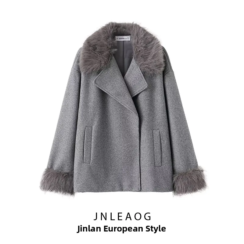 

JNLEAOG Faionable Wool Collar Jaet Women's Top Street Sle Long Sve Polyester Fiber Autumn New Arrival
