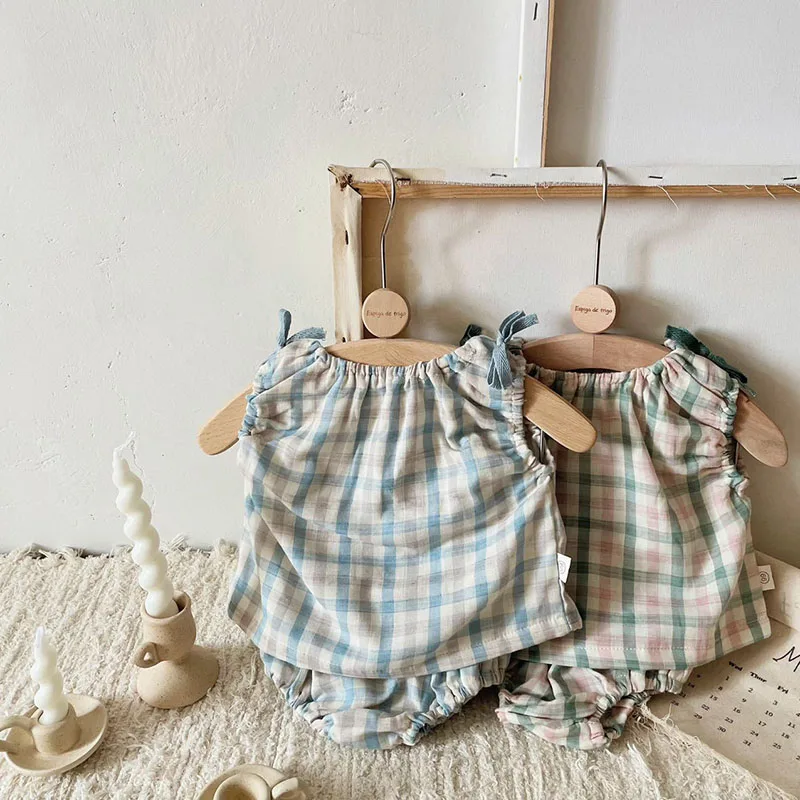 MILANCEL 2023 Summer Baby Clothes Set Plaid  Tee and Bloomer Girls Clothing Set