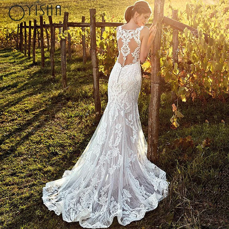 Oyisha Sexy scollo a v sirena abito da sposa Appliques di pizzo Backless abito da sposa Boho senza maniche bottone personalizzato spaccato SweepTrain Sexy V sirenetta abito da sposa con decalcomanie rossetto rossetto a