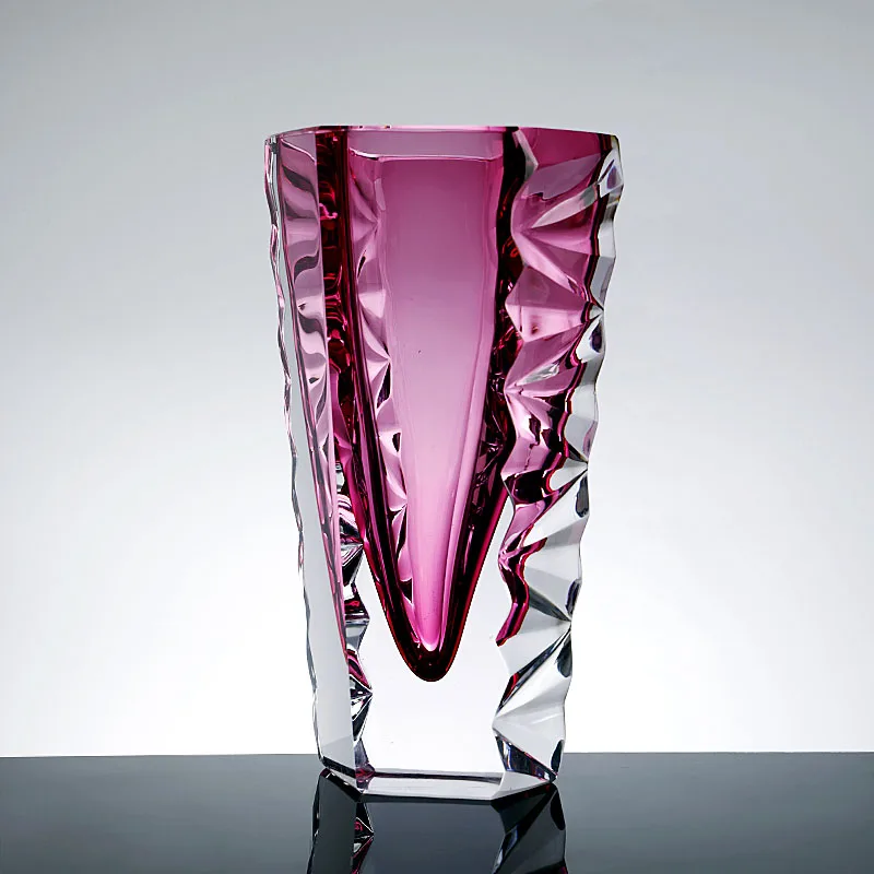 Modern light luxury pink ribbed cut glazed vase, living room water raising vase thickness decorative flower ornament