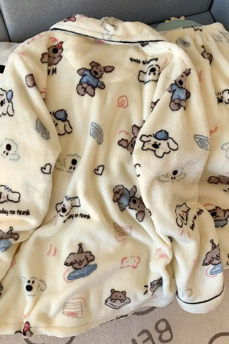 Plus Size Fluffy Winter Pajamas Women's Home Clothes Set Thickened Warmth Sleepwear with Running Dogs Design Cozy Indoor Suit