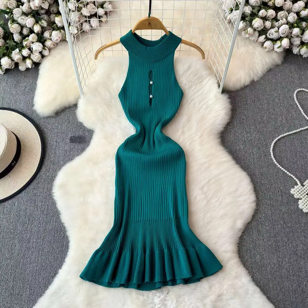 

New Women's Sleeveless Top Knitted Vest Tank Halter Clothing Sheath Sundress Crew Neck Sleeveless Ruffled Knit Dress Summer