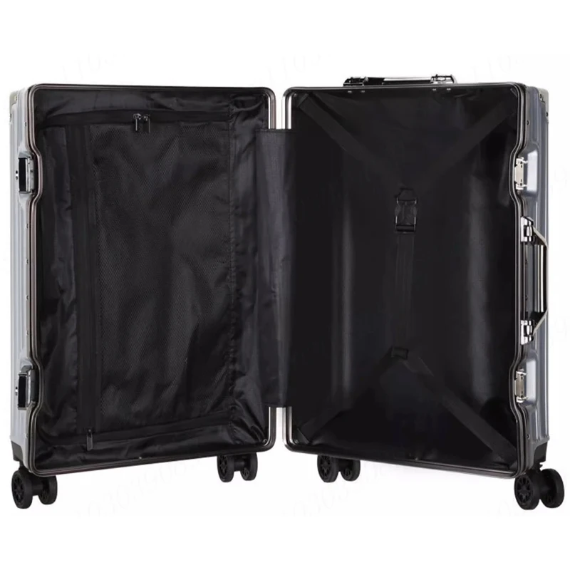 Nieuwe anti-shock handbagage met spinnerwielen Wachtwoordslot Bagage Grote capaciteit Gestreepte aluminium frame trolleykoffer