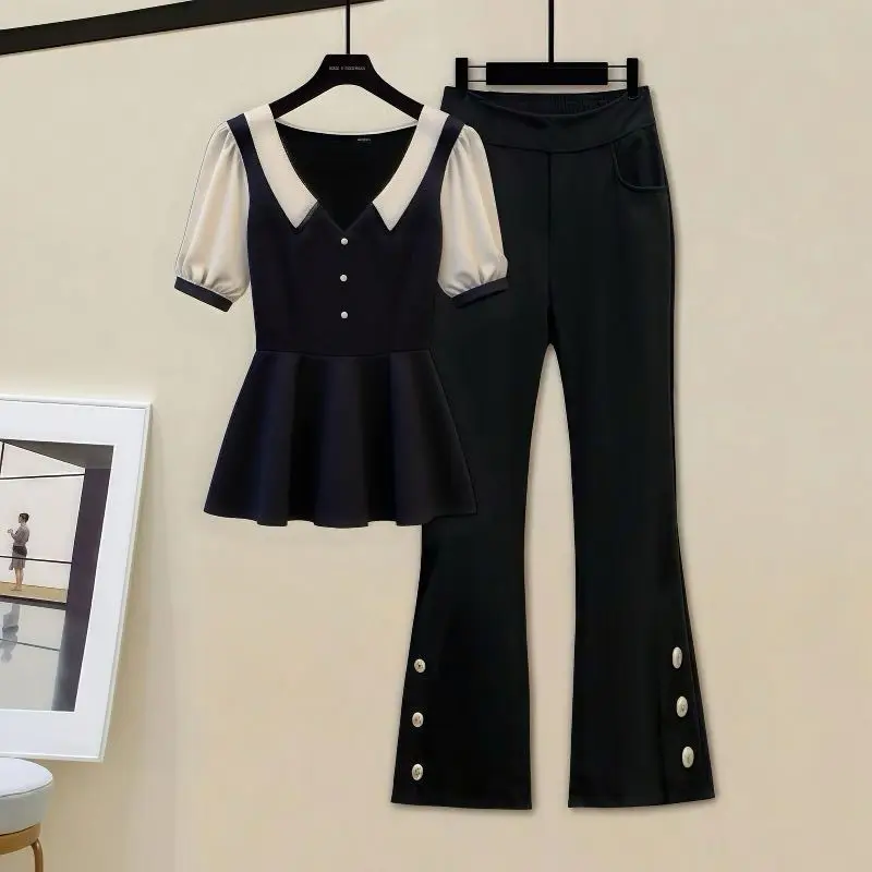 

Элегантная рубашка контрастного цвета с короткими рукавами + расклешенные брюки с микро, женский летний новый модный комплект из двух предметов для поездок на работу