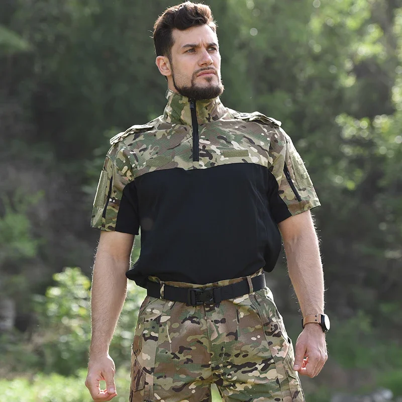 Airsoft Climbing Shirt Camouflage Short Sleeve Hiking Tactical T-shirt Safari Men Working Clothing Combat Shirts Hunting Tee