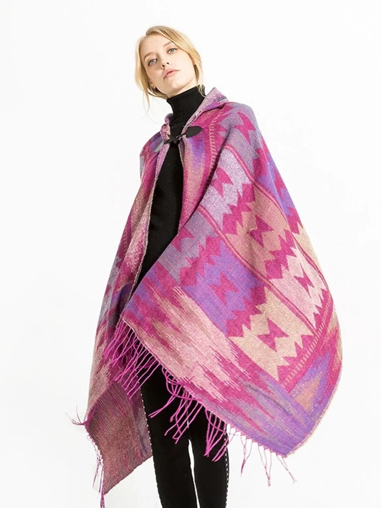 Imitação de cashmere xadrez com capuz cachecol inverno luxo xale senhora envoltório cobertor pashmina poncho capas mujer feminino inverno