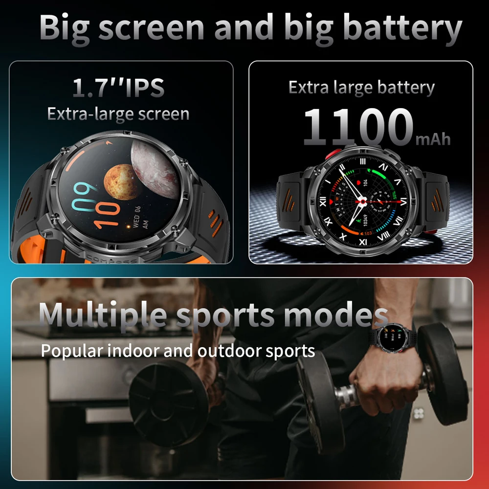 軍事屋外スマートウォッチ男性 1100mAh バッテリーコンパスフィットネストラッカー AMOLED HD ディスプレイ BT 通話スマートウォッチ Android IOS 用