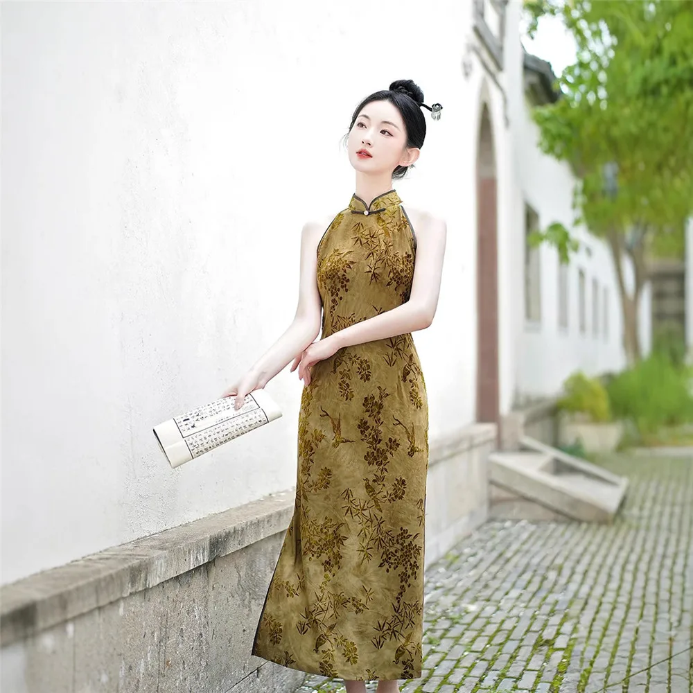 Vestidos Qipao largos sin mangas con cuello Halter Vintage, ropa de mujer, Vestidos de estilo étnico para fiesta, Cheongsam chino, ropa de mujer
