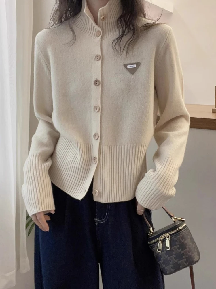 

Autumn Winter Knitted Open Cardigan Color Simple Versatile Sweater Single Button f High Collar Unique Good Looking L...