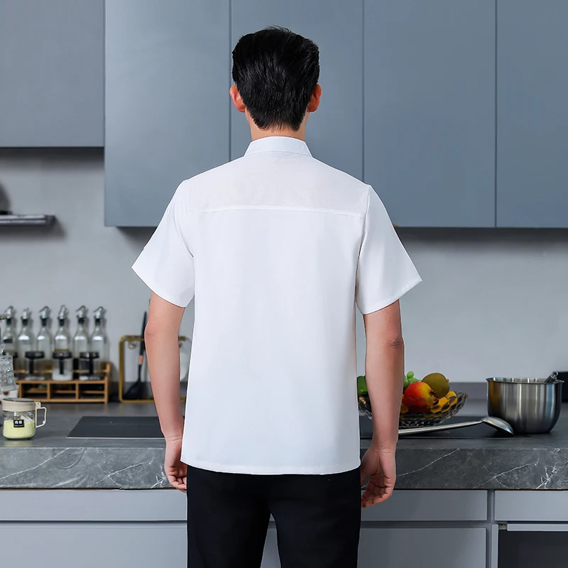 Giacca da cuoco estiva da uomo a maniche corte Uniforme da lavoro da cucina Ristorante traspirante Cappotto da cuoco grembiule bianco abiti da lavoro Pantaloncini da cuoco