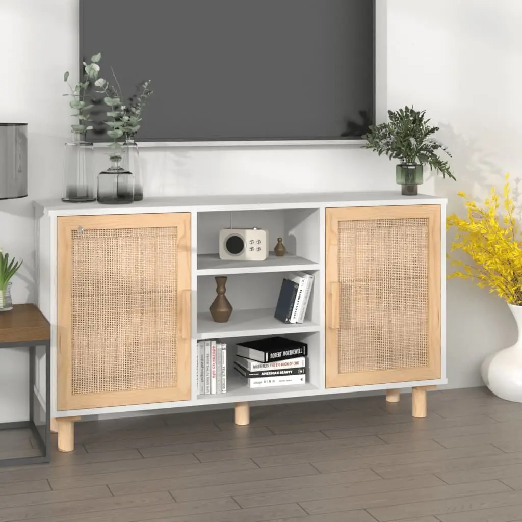 Aparador Blanco 41,3"x11,8"x23,6" Madera maciza de pino y ratán natural